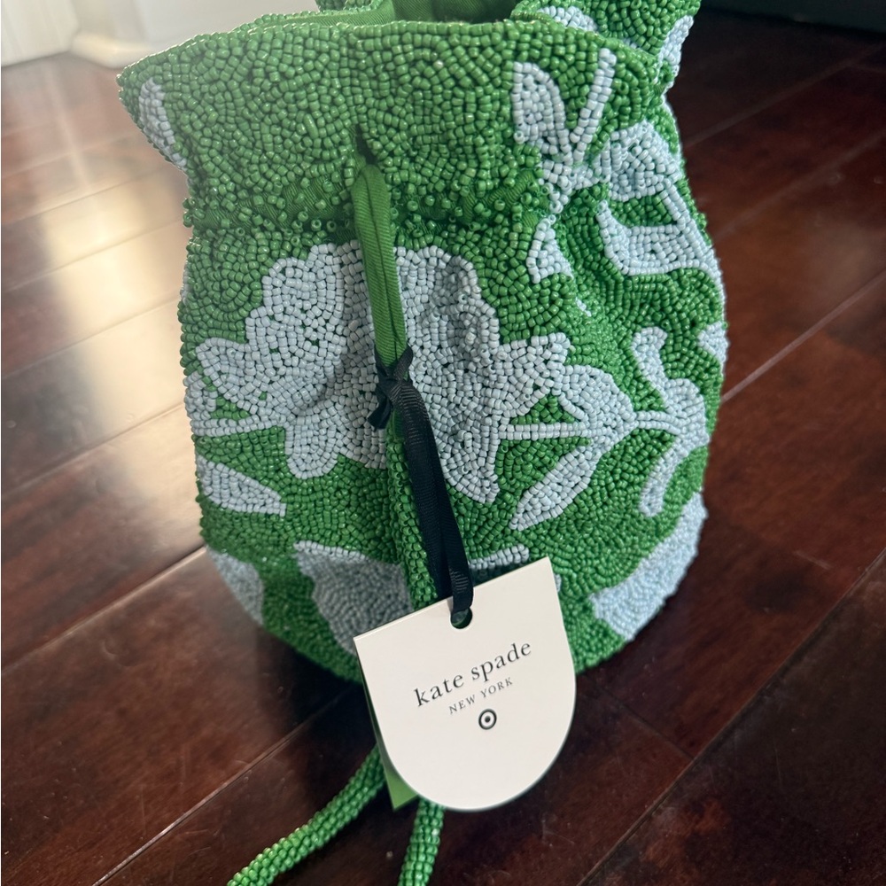 kate spade Green and Light Blue Beaded Floral Drawstring Mini Bag